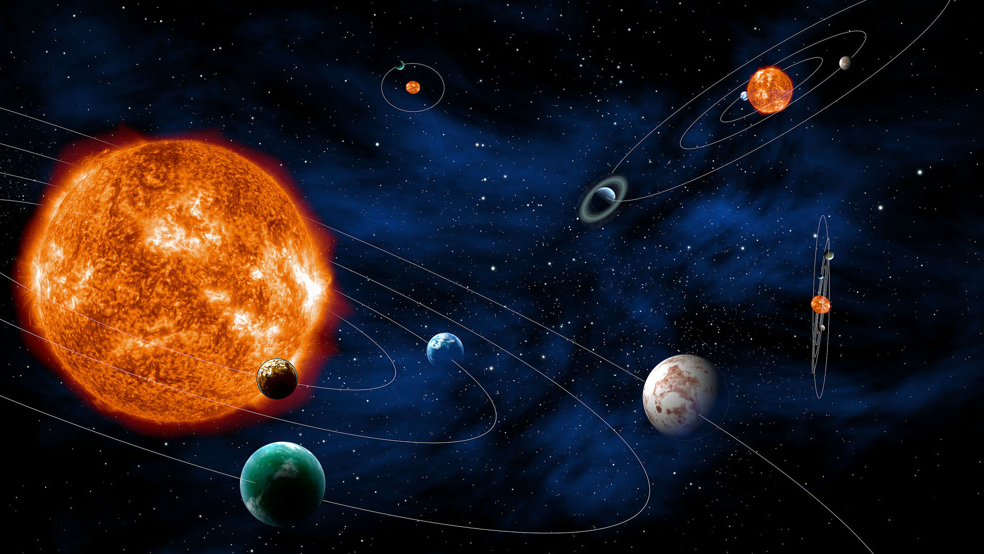 Oranžová planeta s obíhajícími  menšímï planetami