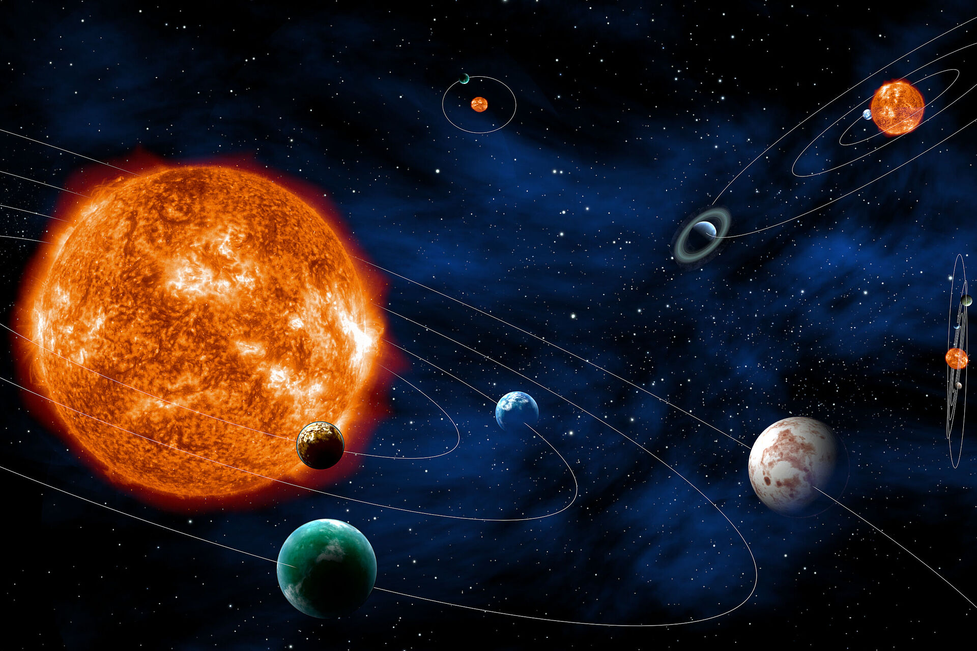 Oranžová planeta s obíhajícími  menšímï planetami
