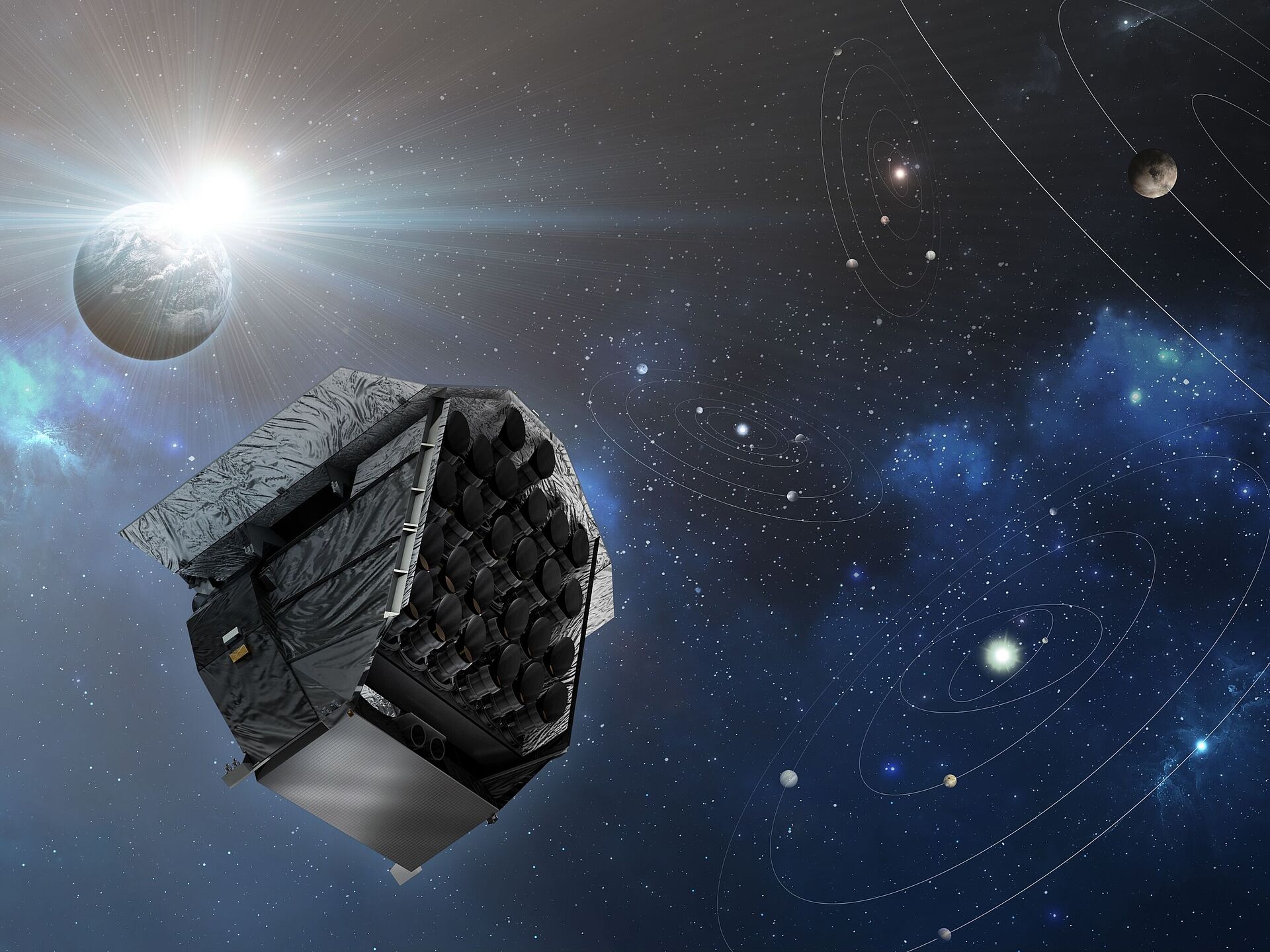 Umělecké ztvárnění satelitu PLATO  ve vesmíru
