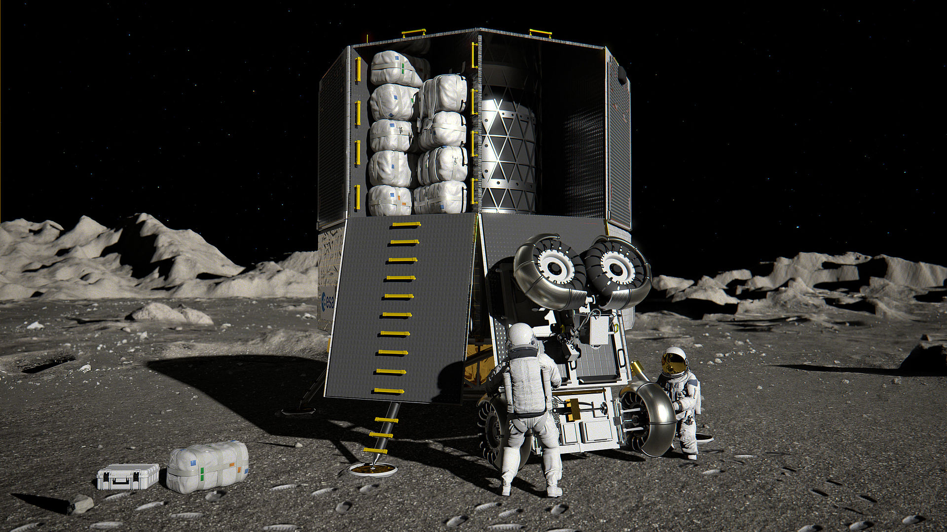 Lander vykládající náklad na povrchu Měsíce