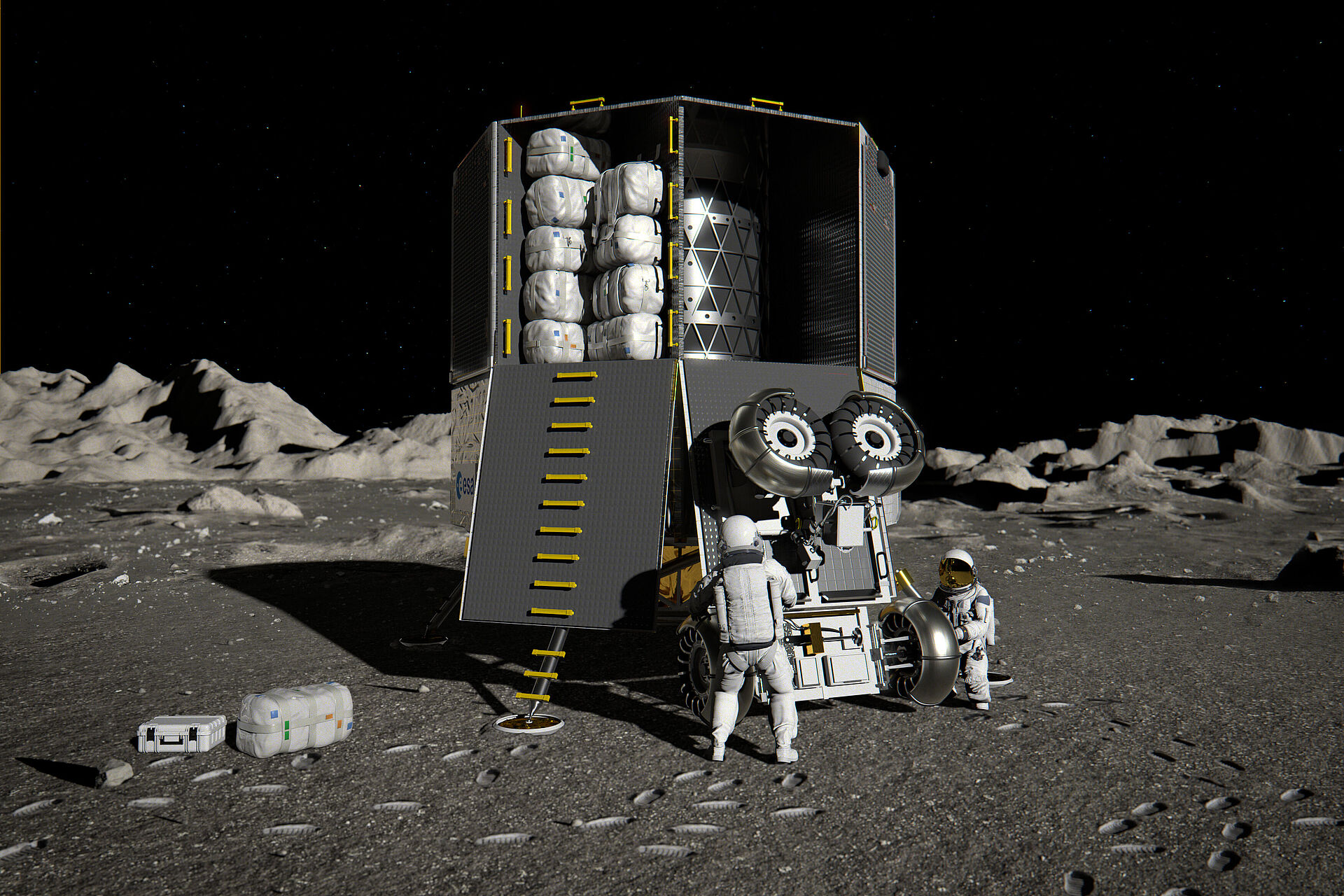 A lander unloading cargo on the moon's surface. 