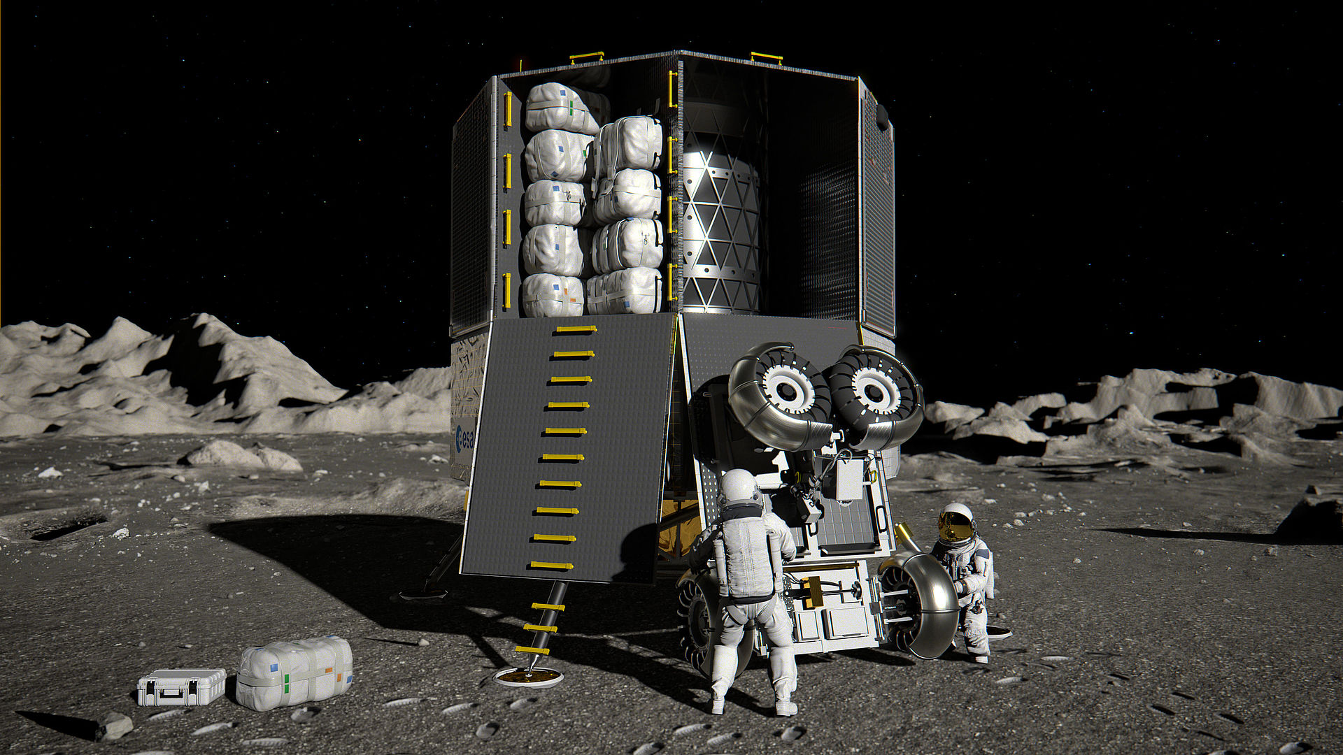 A lander unloading cargo on the moon's surface. 