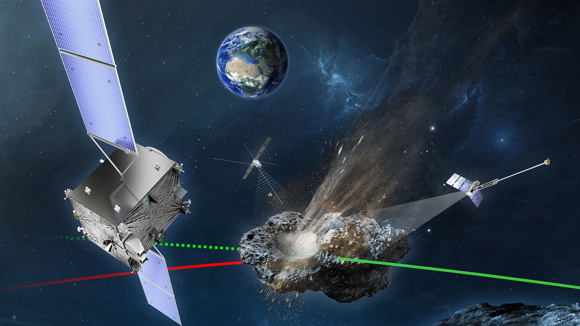 Sonda HERA přibližující se k asteroidu, planeta Země na pozadí